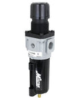 Half Inch NPT Piggyback Filter Regulator for air lines and compressors, showing compact design and metal bowl, made in USA