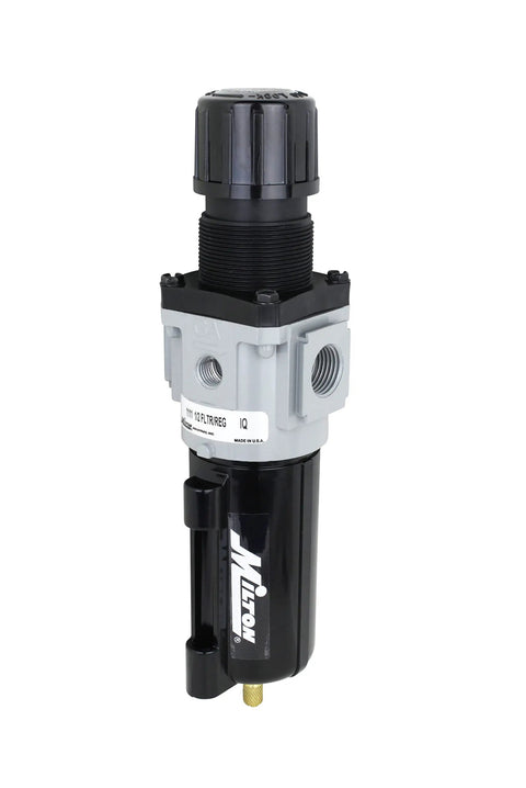 Half Inch NPT Piggyback Filter Regulator for air lines and compressors, showing compact design and metal bowl, made in USA
