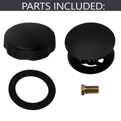 Standard 1.5 Inch Cable Drive Bath Drain Replacement Trim In Slick Matte Black, parts including drain knobs and hardware.