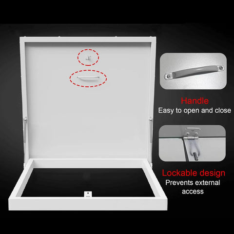 Heavy Duty Roof Access Hatch With Weatherproof Aluminum Frame And Galvanized Steel Plate, High Security Roof Skylight Door For Maintenance, Industrial Cellar Doors For Factories, Warehouses, Workshops, And Lofts, White open hatch with handle and lockable design
