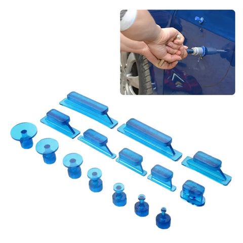 DIY Friendly Auto Body Dent Puller Kit Pro Grade Sheet Metal Suction Cup Dent Repair Tool Set 30pcs displayed with usage example