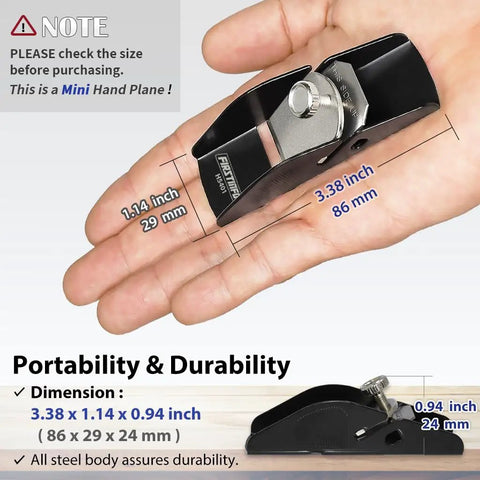 Compact Mini Hand Plane For Smooth Woodworking And Quick Deburring With Easy Depth Dial Portable Tool held in hand for size reference.