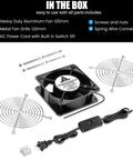 Contents of Axial 120mm Cooling Fan 12038, 110V AC with fan, grills, screws, nuts, power plug, and wiring head shown.