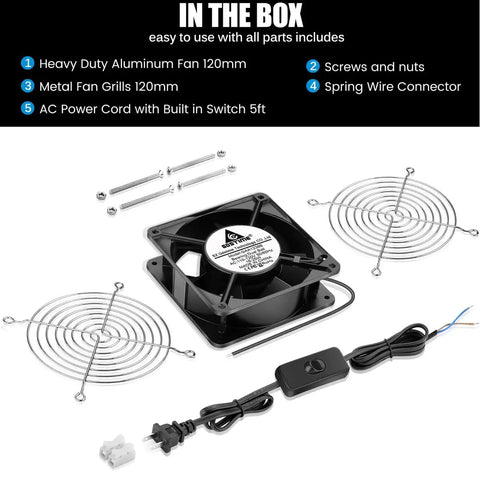 Contents of Axial 120mm Cooling Fan 12038, 110V AC with fan, grills, screws, nuts, power plug, and wiring head shown.