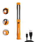 Lit 1000 Lumen LED Work Light with Rechargeable Design for Mechanics, dual magnetic bases, hanging hooks, and USB-C cable shown in orange.