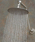 8-inch chrome rain shower head with wall-mounted arm; high-flow stainless steel rainfall