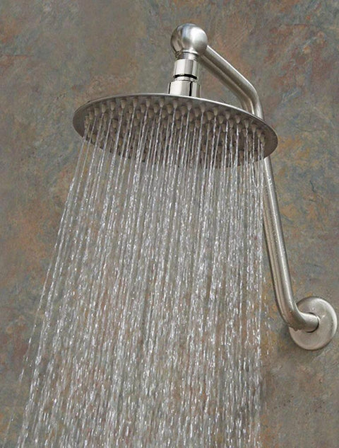 8-inch chrome rain shower head with wall-mounted arm; high-flow stainless steel rainfall