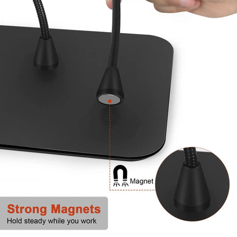 Magnetic Circuit Board Holder With Gooseneck Arms Adjustable 360 Degree Flip For Clamping PCBs on black aluminum base with magnets