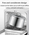 Inside view of compact countertop dishwasher with stainless steel pot, showing removable stand for flexibility in washing.