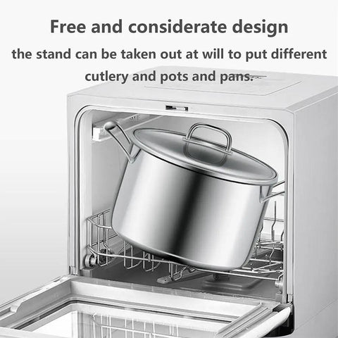 Inside view of compact countertop dishwasher with stainless steel pot, showing removable stand for flexibility in washing.