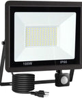100W LED Outdoor Flood Light with Motion Sensor, plug-in, IP66 waterproof, showing front view with UL plug and swivel sensor