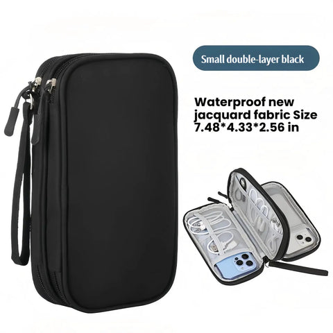 Waterproof Double Layer Travel Cord Organizer Pouch For Electronics Accessories Charger USB Cables Gadgets All In One Storage Bag Black with zippers and multiple pockets