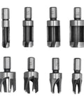 Top Shelf Eight Piece Cork Drill Bits And Wood Plug Cutter Set Sculpted From Heavy Duty High Carbon Steel For Clean Tapered Cuts, assorted sizes.