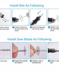 Instructions for installing bits and saw blades on the USB Rechargeable Engraving Pen Kit With 35 Bits Cordless Mini Electric Engraver.