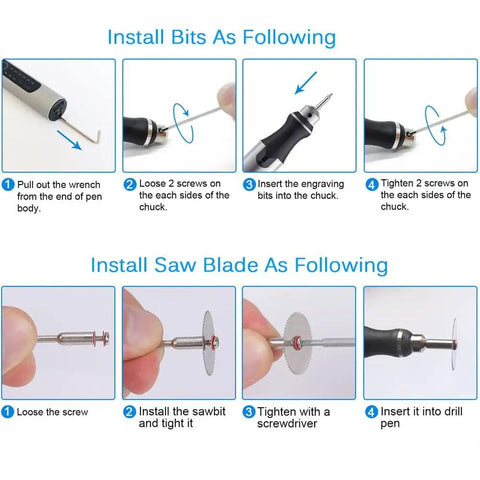 Instructions for installing bits and saw blades on the USB Rechargeable Engraving Pen Kit With 35 Bits Cordless Mini Electric Engraver.