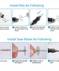 Instructional image showing bit and saw blade installation for 3-Speed Cordless Mini Drill Pen With 8 Small Bits For Jewelry Making And Resin Crafts, Rechargeable Electric Hand Drill Pin Vise Set, Ideal For Resin Plastic Wood Keychains DIY Pink.