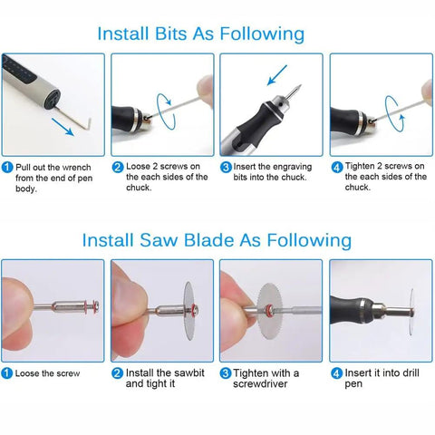 Instructional image showing bit and saw blade installation for 3-Speed Cordless Mini Drill Pen With 8 Small Bits For Jewelry Making And Resin Crafts, Rechargeable Electric Hand Drill Pin Vise Set, Ideal For Resin Plastic Wood Keychains DIY Pink.