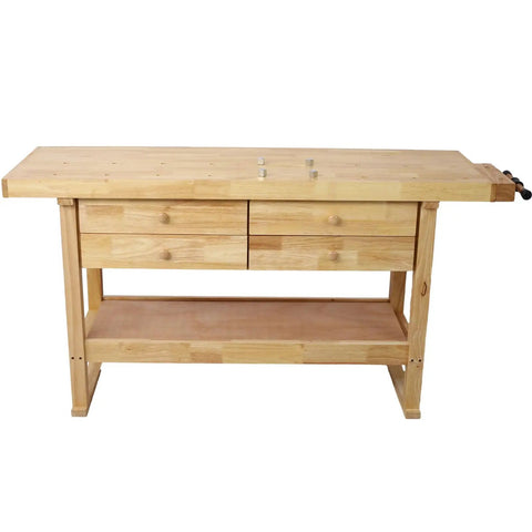 Beefy Heavy Duty Wooden Workbench With Four Drawers And Rubber Wood Top, 60 Inch Garage Shop Table With Two 16 Inch F Clamps