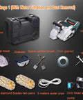 Dust Free Wall Groove Cutter with accessories including toolbox, mask, glasses, diamond blades, water pipe, and wrench.