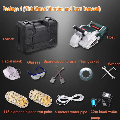Dust Free Wall Groove Cutter with accessories including toolbox, mask, glasses, diamond blades, water pipe, and wrench.