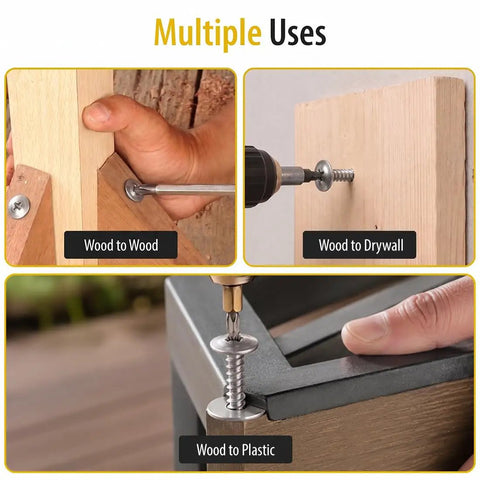 Image showing multiple uses of Premium Zinc Plated Wood Screws Featuring Truss Head And Phillips Drive for wood, drywall, and plastic.