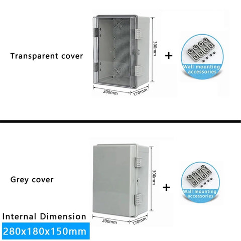 Outdoor IP66 Waterproof ABS Plastic Junction Box Heavy Duty Electrical Enclosure For Instruments And Power Projects, Gray Cover DIY Friendly Weatherproof Distribution Box With Easy Mount And Multiple Size Options. 280x180x150mm transparent cover wall mount