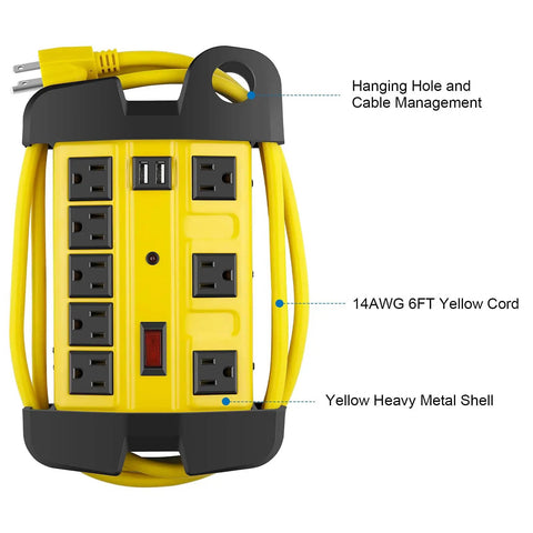 Heavy Duty Metal Power Strip With USB Ports 8 Outlets 2700 Joules Surge Protector Pro Grade Industrial 15 Amp 6 Foot Cord Yellow