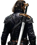 Medieval Sword Back Holster Leather Shoulder Frog Belt for Knight Cosplay adjustable fit worn by person in black armor