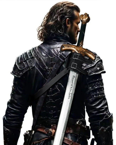 Medieval Sword Back Holster Leather Shoulder Frog Belt for Knight Cosplay adjustable fit worn by person in black armor