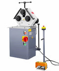 Heavy Duty Electric Pipe Bender Machine Delivering Knockout Tube Curves And Easy Roller Adjustments, featuring a foot pedal and three rollers.