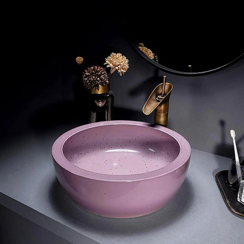 41Cm Dia Round Art Basin Bathroom Counter Basin Pink Color, Countertop Bathroom Vessel Sink, Above Counter Porcelain Ceramic Vanity Sink with speckled design.