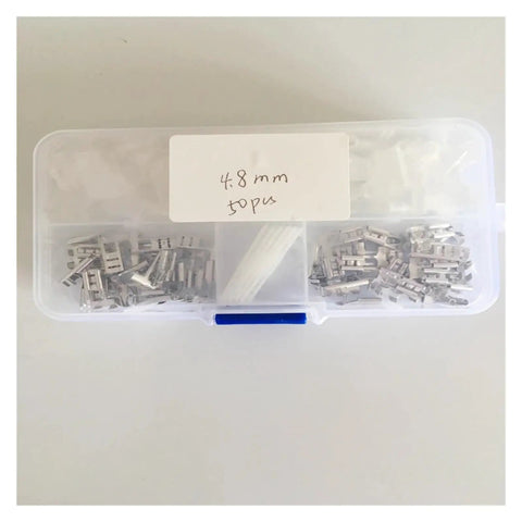 Heavy Duty 50X Brass Spade Terminal Connectors With Secure Insulated Cases For Your Wiring Projects Perfect Right Angle Fit For Any Tough Electrical Job That Needs Rock Solid Performance In All Conditions. 4.8mm brass spade terminals in plastic case