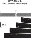 Badass 16 Inch Continuous Piano Hinges 4 Pack Heavy Duty Stainless Steel Hardware For Folding Cabinet Doors Rock Solid Construction With Quick Mount Install Black dimensions illustration with pre-drilled holes.