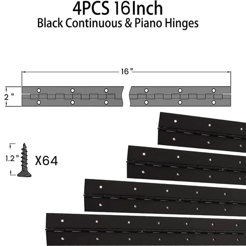 Badass 16 Inch Continuous Piano Hinges 4 Pack Heavy Duty Stainless Steel Hardware For Folding Cabinet Doors Rock Solid Construction With Quick Mount Install Black dimensions illustration with pre-drilled holes.