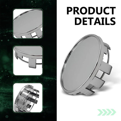 Set Of Four Sleek Silver Wheel Hub Center Caps With A Dead Snap Fit That Shuts Out Rain And Road Grit To Beat Rust On Those Exposed Bolts While Keeping Your Rim Setup Looking Fresh All Season Long, showing the snap fit design and metallic finish.