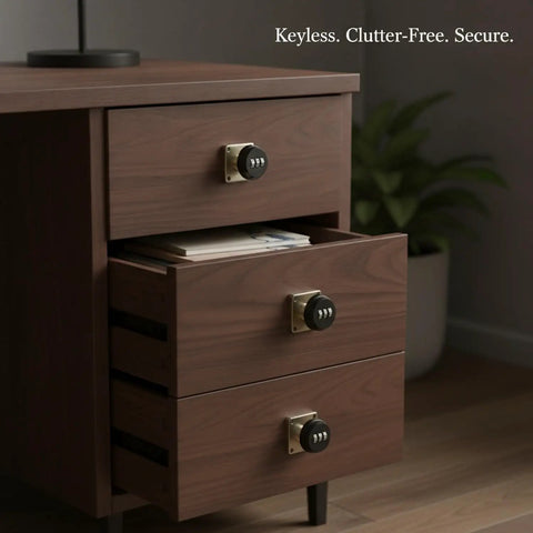 Keyless Mechanical Cam Lock For Drawers Gold Zinc Alloy Cabinet Security With 3 Digit Combination Dial on brown desk drawer