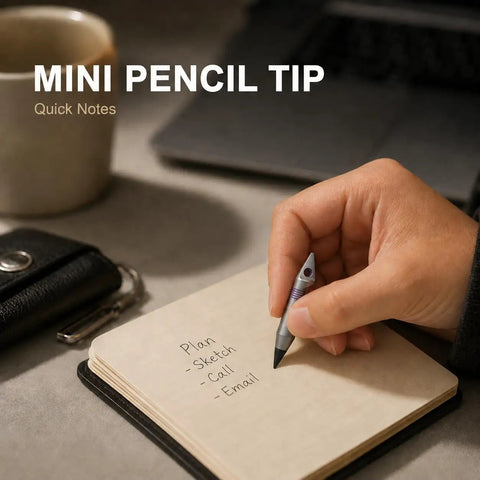 Person using Mini Pencil EDC Pendant With Infinite Keychain to write quick notes on a notepad, showcasing pocket-sized graphite tool.