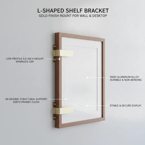 Sturdy Gold L Shaped Shelf Bracket Aluminum Mount for Wall and Desk Photo Frame Display in home office or gallery