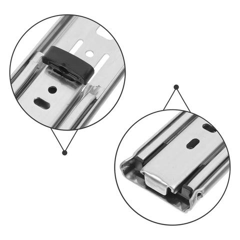 Heavy Duty Stainless Steel Drawer Slides With Bottom Mount Concealed Design For A Clean No Fuss Handle Free Look Ultra Smooth Glide Push To Open Mechanism Eliminates Drawer Pulls For Narrow Cabinets Minimalist Kitchen And Office Storage close-up of stainless drawer slide