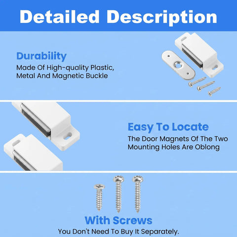 Heavy Duty White Cabinet Magnets 36 Pack showing durable plastic and metal construction with included screws for easy installation.