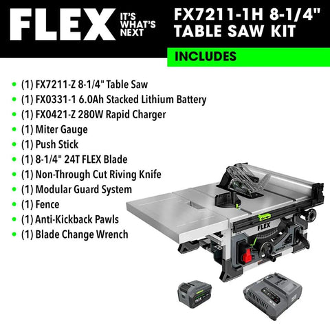 Beast Mode 24V Brushless Cordless Table Saw Kit Featuring 8.25 Inch Precision Cutting Blade And 6.0Ah Stacked Lithium Battery Paired With Rapid Charger on workbench.