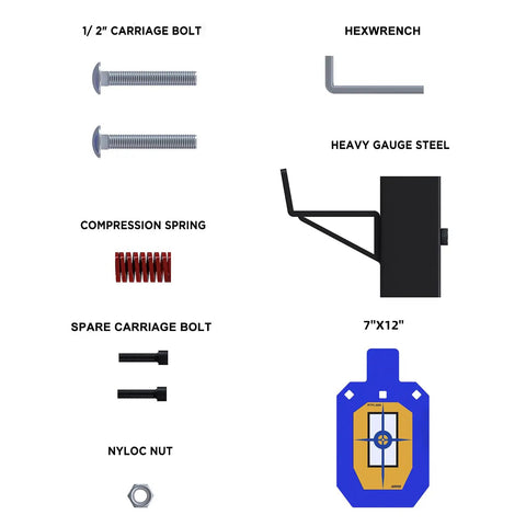 Components of AR500 Steel Target With T Post Hanger One Half Inch Thick Torso Silhouette, including bolts and 7x12 inch hanger.