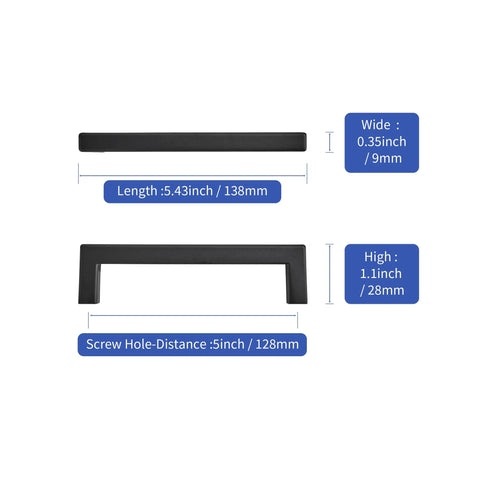 10 Pack Solid Aluminum Matte Black Cabinet Pulls with 5 Inch Hole Center Square Style Handles with size measurements.