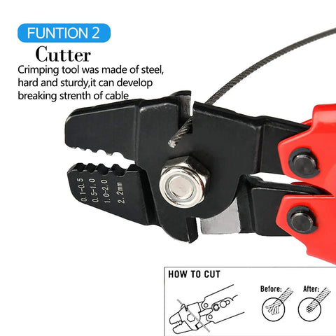Beefy Heavy Duty Wire Rope Crimp Tool Kit With 1 Sixteenth Inch 304 Stainless Cable 165 Ft 7x7 Strand, cutting close-up