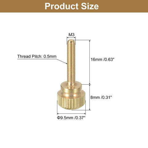 Top Shelf Brass Knurled Thumb Screws M3 X 16mm With Smooth Shoulder Grip Fasteners dimensions diagram showing size details.