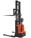 VEVOR Full Electric Pallet Stacker Forklift Hauling 3,300 Lbs With A Mighty 98.4 Inch Lift Height For Warehouses, side view with adjustable forks.