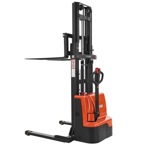 VEVOR Full Electric Pallet Stacker Forklift Hauling 3,300 Lbs With A Mighty 98.4 Inch Lift Height For Warehouses, side view with adjustable forks.
