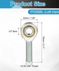 POSB8L 1/2 Inch Male Rod End Bearing With 1/2-20 UNF Left Hand Thread Includes Jam Nuts 2 Pack High Precision ABEC3 Rod End For Agriculture Machinery CNC Equipment And Heavy Duty Mechanical Linkages, 1/2 bore