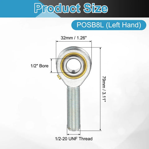 POSB8L 1/2 Inch Male Rod End Bearing With 1/2-20 UNF Left Hand Thread Includes Jam Nuts 2 Pack High Precision ABEC3 Rod End For Agriculture Machinery CNC Equipment And Heavy Duty Mechanical Linkages, 1/2 bore