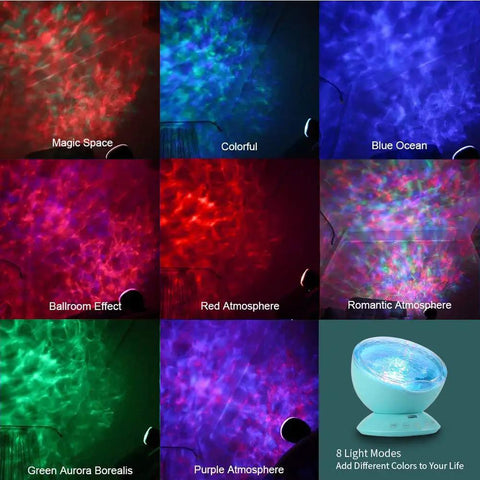 Ocean Wave Night Light Projector for Kids Room with Remote, showcasing 8 light modes including Blue Ocean and Red Atmosphere.